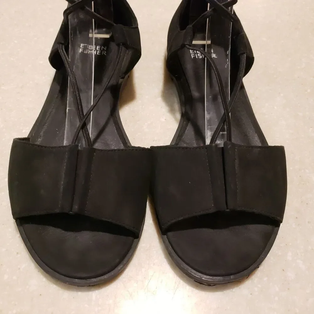 Eileen Fisher Womens Rose Tumbled Leather Gladiator Sandals Black Slip On 7.5